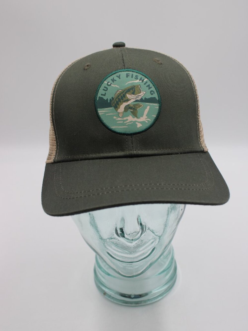 Infinity Lucky Fishing Trucker Hat OSFM Adjustable Snapback Cap Green & Beige